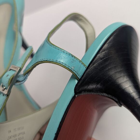 Vintage Tommy Hilfiger Aqua Blue & Green Leather T-strap Slingback Heels 9 - Picture 7 of 8